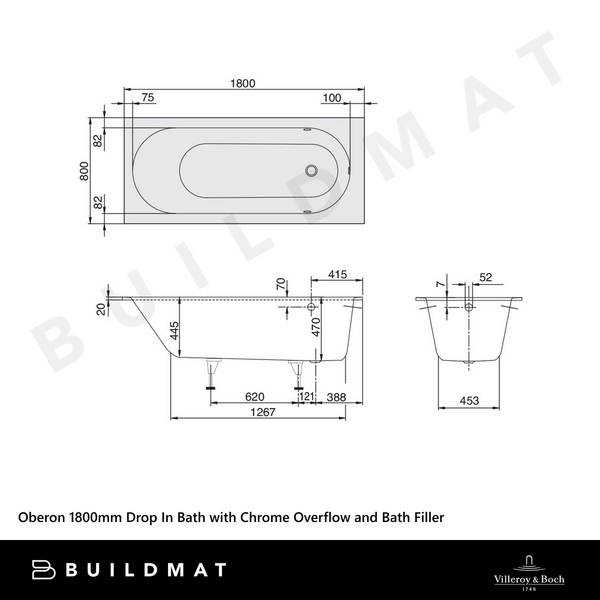 Villeroy & Boch Oberon 1800mm Drop In Bath with Chrome Overflow and Bath Filler White