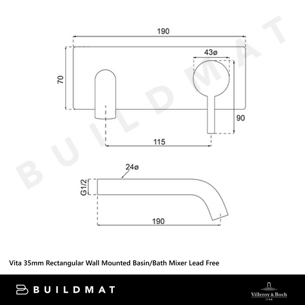 Villeroy & Boch Vita 35mm Rectangular Wall Mounted Basin/Bath Mixer Brushed Nickel Lead Free