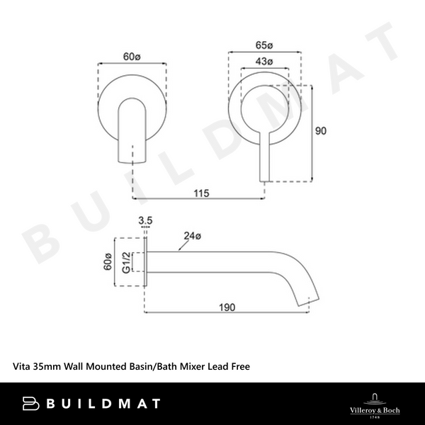 Villeroy & Boch Vita 35mm Wall Mounted Basin/Bath Mixer Chrome Lead Free