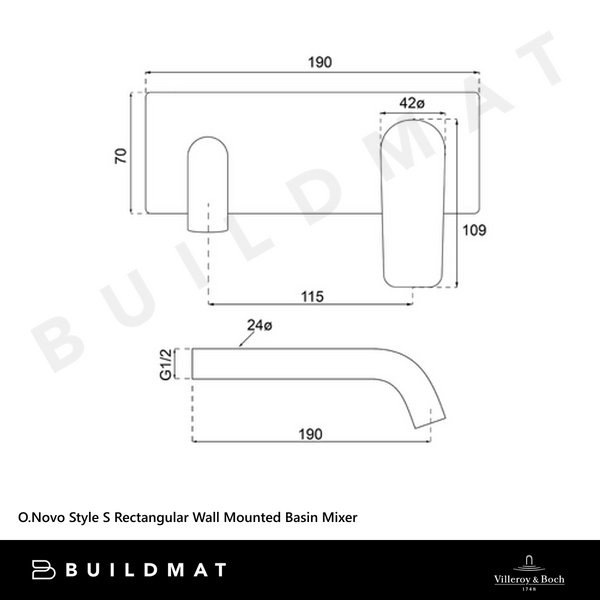 Villeroy & Boch O.Novo Style S Rectangular Wall Mounted Basin Mixer Gunmetal Lead Free