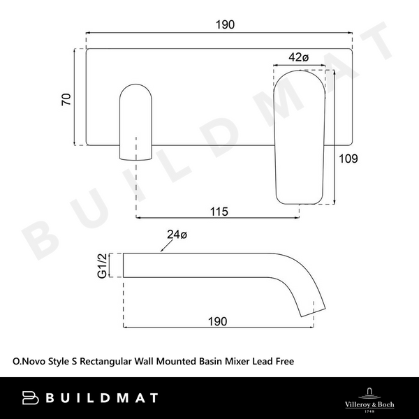 Villeroy & Boch O.Novo Style S Rectangular Wall Mounted Basin Mixer Matte Black Lead Free