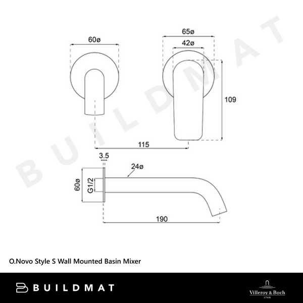 Villeroy & Boch O.Novo Style S Wall Mounted Basin Mixer Chrome Lead Free