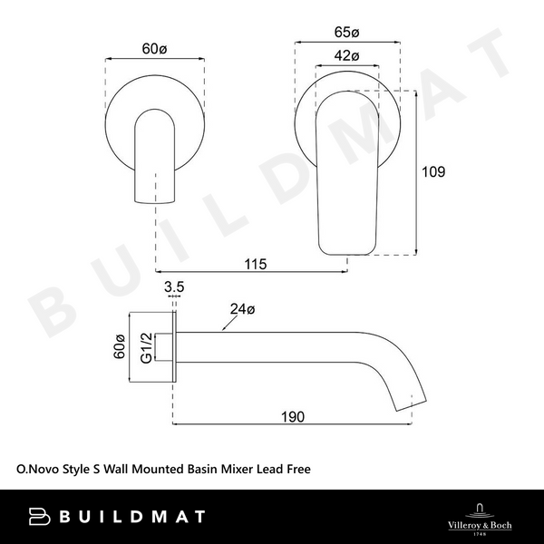 Villeroy & Boch O.Novo Style S Wall Mounted Basin Mixer Matte Black Lead Free