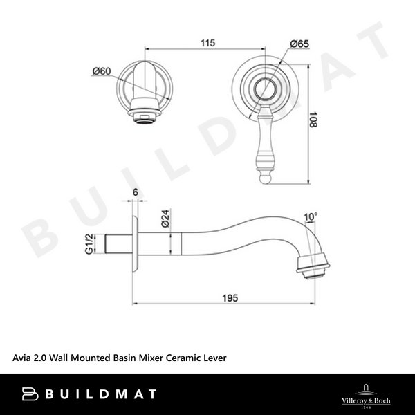 Villeroy & Boch Avia 2.0 Wall Mounted Basin Mixer Ceramic Lever Brushed Gold Lead Free