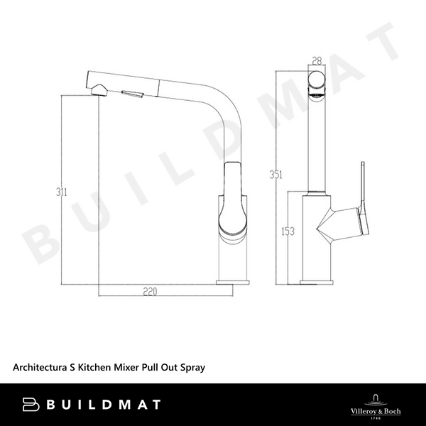 Villeroy & Boch Architectura S Kitchen Mixer Pull Out Spray Gunmetal
