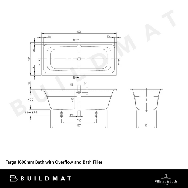 Villeroy & Boch Targa 1600mm Drop In Bath with White Overflow and Bath Filler White