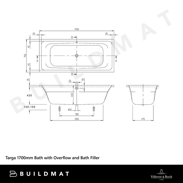 Villeroy & Boch Targa 1700mm Drop In Bath with Chrome Overflow and Bath Filler White