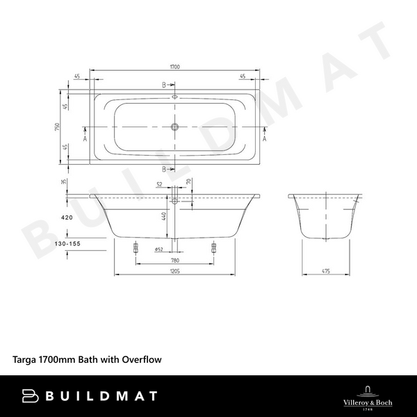 Villeroy & Boch Targa 1700mm Drop In Bath with White Overflow White