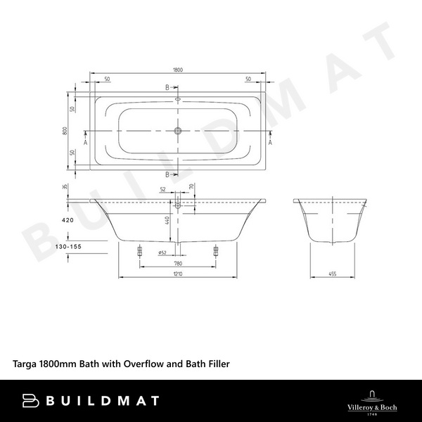 Villeroy & Boch Targa 1800mm Drop In Bath with Chrome Overflow and Bath Filler White