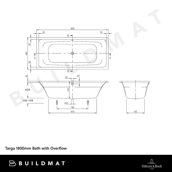 Villeroy & Boch Targa 1800mm Drop In Bath with Chrome Overflow White