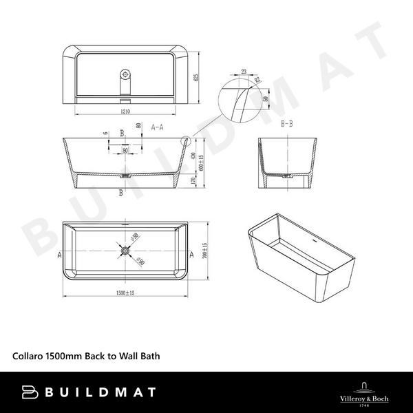 Villeroy & Boch Collaro 1500mm Back to Wall Bath CastStone White