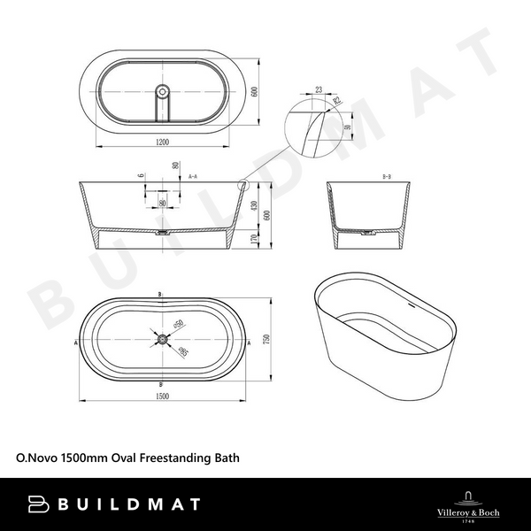 Villeroy & Boch O.Novo 1500mm Oval Freestanding Bath CastStone White