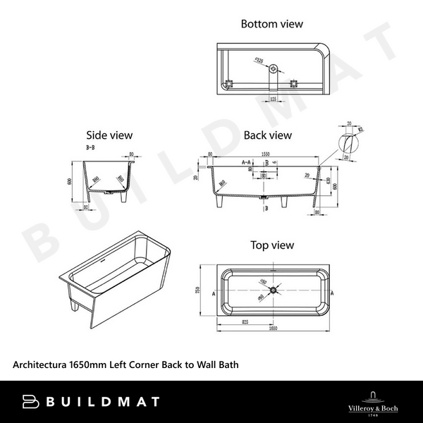 Villeroy & Boch Architectura 1650mm Left Corner Back to Wall Bath CastStone White