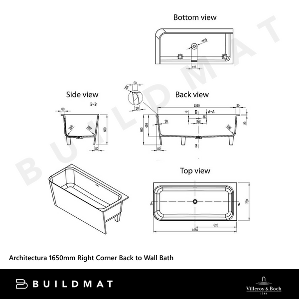 Villeroy & Boch Architectura 1650mm Right Corner Back to Wall Bath CastStone White