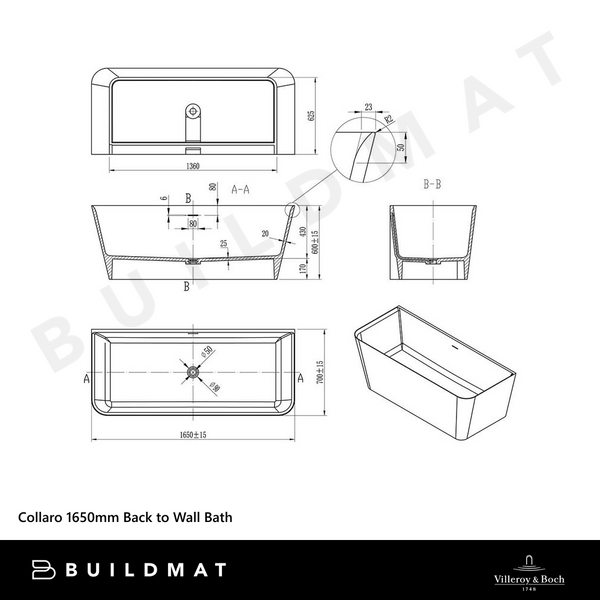 Villeroy & Boch Collaro 1650mm Back to Wall Bath CastStone White