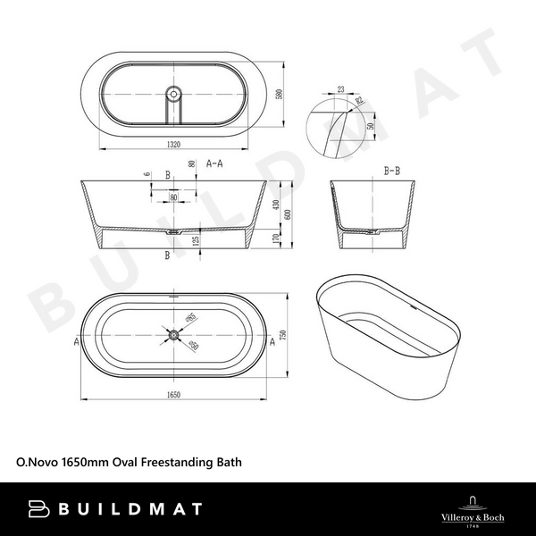 Villeroy & Boch O.Novo 1650mm Oval Freestanding Bath CastStone White