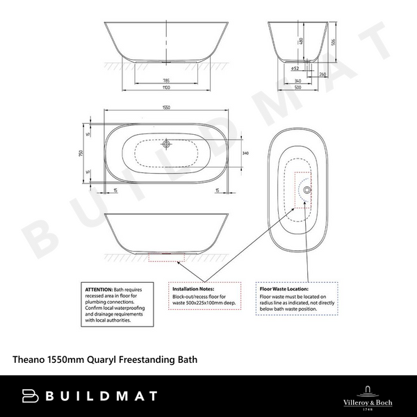Villeroy & Boch Theano 1550mm Quaryl Freestanding Bath Alpine White