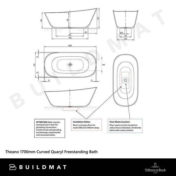 Villeroy & Boch Theano 1700mm Curved Quaryl Freestanding Bath Alpine White