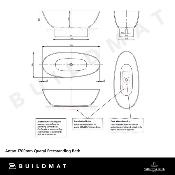 Villeroy & Boch Antao 1700mm Quaryl Freestanding Bath Grey