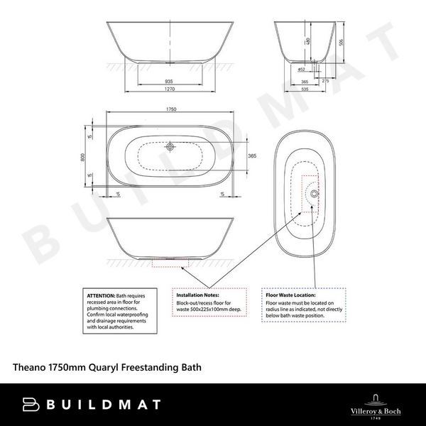 Villeroy & Boch Theano 1750mm Quaryl Freestanding Bath Grey