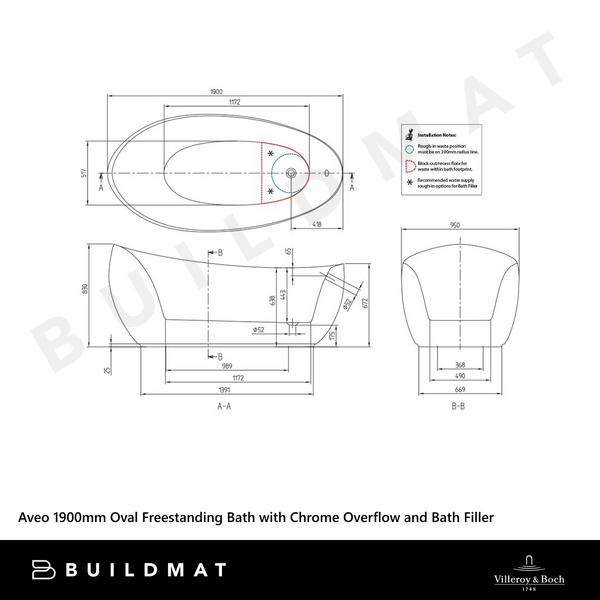 Villeroy & Boch Aveo 1900mm Oval Freestanding Bath with Chrome Overflow Waste and Bath Filler