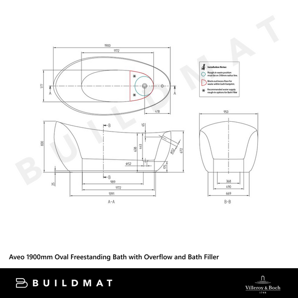 Villeroy & Boch Aveo 1900mm Oval Freestanding Bath with White Overflow Waste and Bath Filler