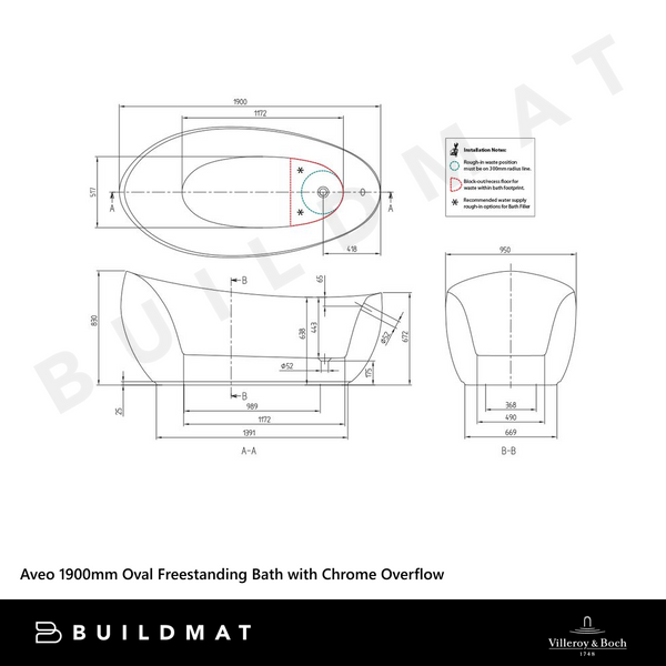 Villeroy & Boch Aveo 1900mm Oval Freestanding Bath with Chrome Overflow Waste