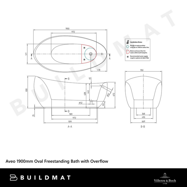 Villeroy & Boch Aveo 1900mm Oval Freestanding Bath with White Overflow Waste