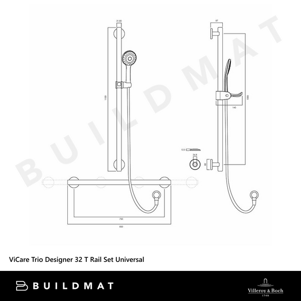 Villeroy & Boch ViCare Trio Designer 32 T Shower Rail Set Universal Gunmetal