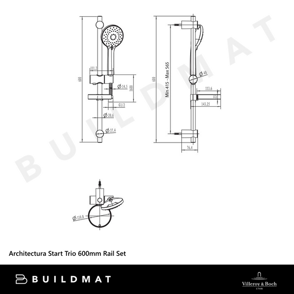 Villeroy & Boch Architectura Start Trio 600mm Shower Rail Set Chrome