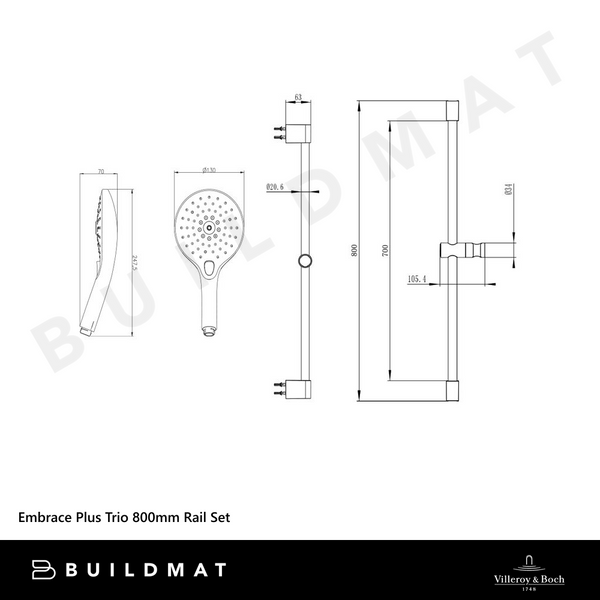 Villeroy & Boch Embrace Plus Trio 800mm Shower Rail Set Chrome