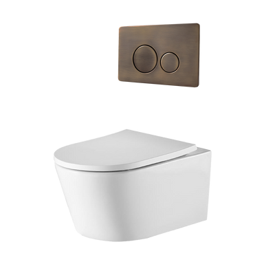 Alma Vintage Antique Brass Wall Hung Rimless Toilet Suite with Circle Buttons