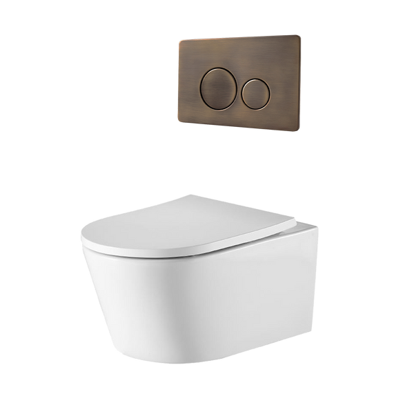 Alma Vintage Antique Brass Wall Hung Rimless Toilet Suite with Circle Buttons