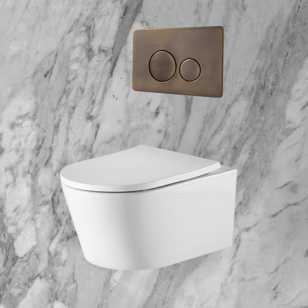 Alma Vintage Antique Brass Wall Hung Rimless Toilet Suite with Circle Buttons