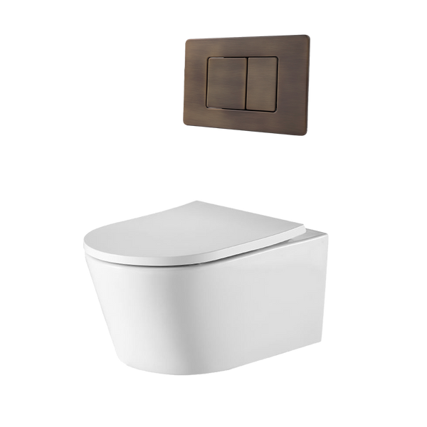 Alma Vintage Antique Brass Wall Hung Rimless Toilet Suite with Square Buttons