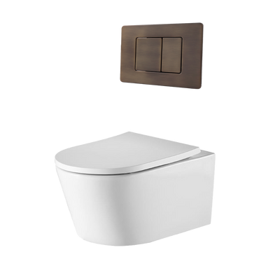 Alma Vintage Antique Brass Wall Hung Rimless Toilet Suite with Square Buttons