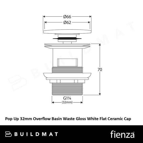 Fienza Pop Up 32mm Overflow Basin Waste Flat Ceramic Cap Matte White