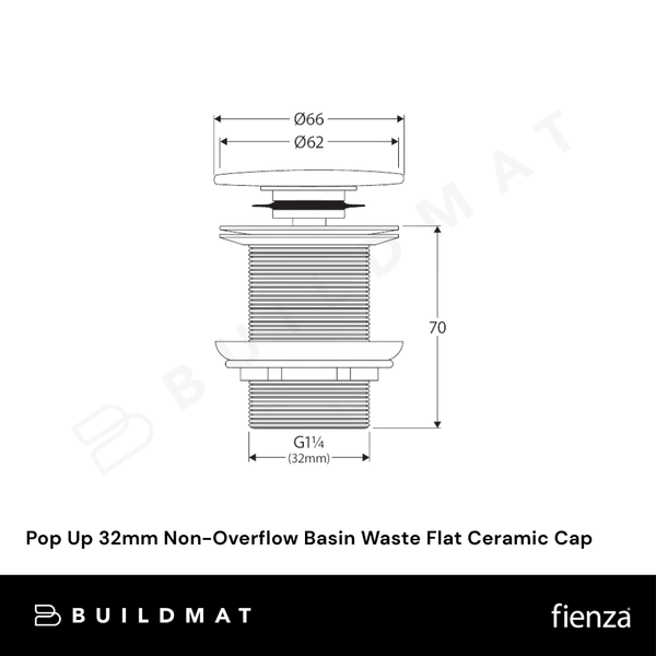 Fienza Pop Up 32mm Non-Overflow Basin Waste Matte White Flat Ceramic Cap