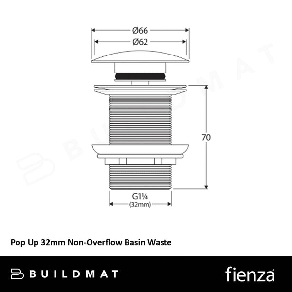 Fienza Pop Up 32mm Non-Overflow Basin Waste, Matte White Ceramic Cap