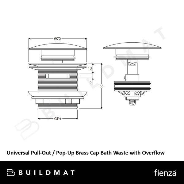 Fienza Universal Pull-Out / Pop-Up Brass Cap Bath Waste with Overflow Gloss White