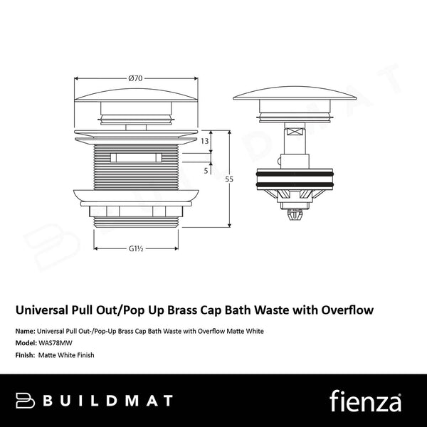 Fienza Universal Pull Out/Pop Up Brass Cap Bath Waste with Overflow Matte White