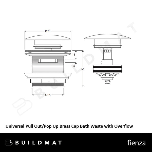 Fienza Universal Pull Out/Pop Up Brass Cap Bath Waste with Overflow Urban Brass