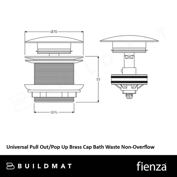 Fienza Universal Pull Out/Pop Up Brass Cap Bath Waste with Non-Overflow Gunmetal