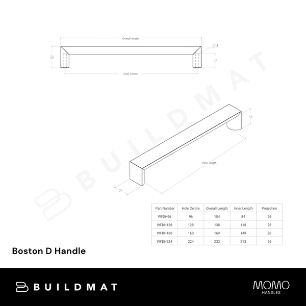 Momo Handles Boston D Handle 160mm Dull Brushed Nickel