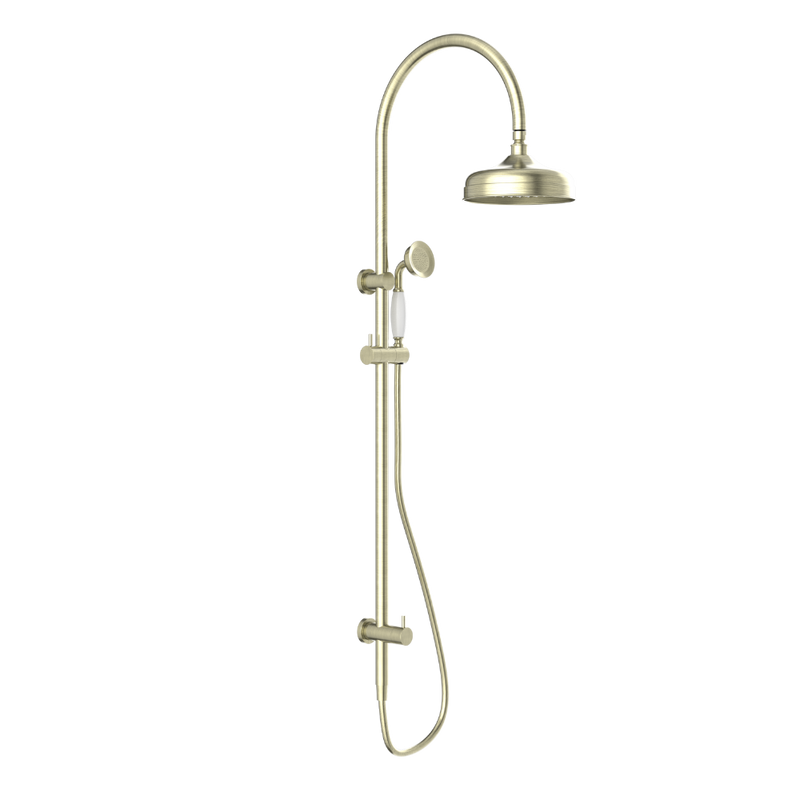 York Twin Shower with White Porcelain Hand Shower Aged Brass