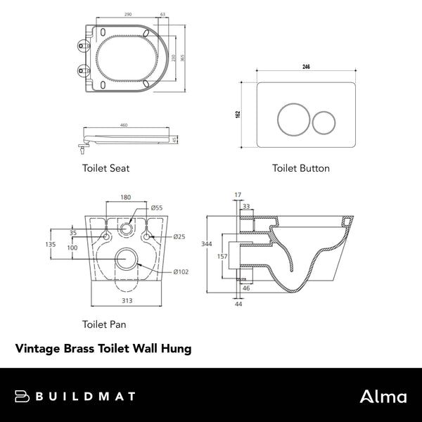 Alma Vintage Antique Brass Wall Hung Rimless Toilet Suite with Circle Buttons
