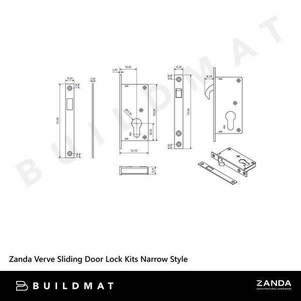 Zanda Narrow Sliding Door Euro Mortice Lock Stainless Steel