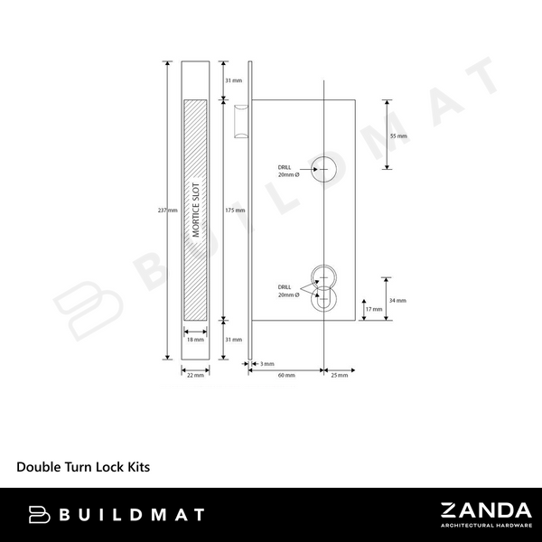 Zanda Double Turn Lock Kits Matte Black