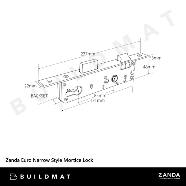 Zanda Euro Narrow Style Mortice Lock 85mm Pitch Stainless Steel