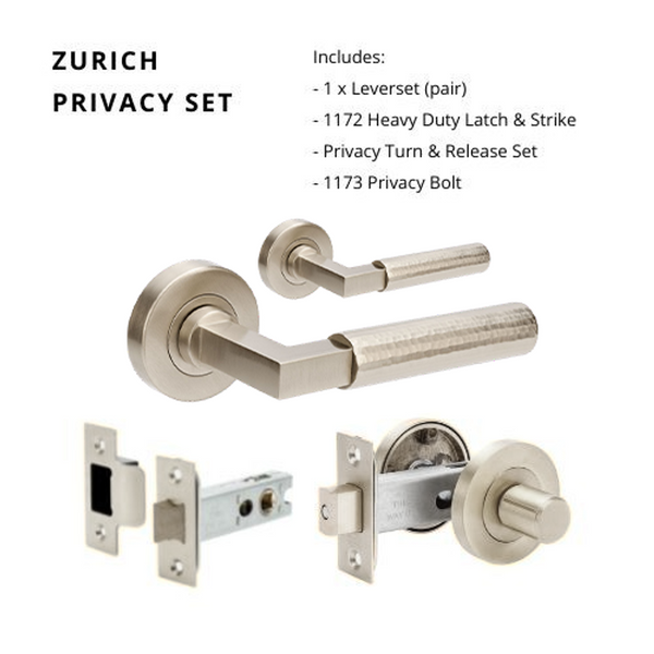 Zanda Zurich Hammered Privacy Lever Set Door Handle Brushed Nickel